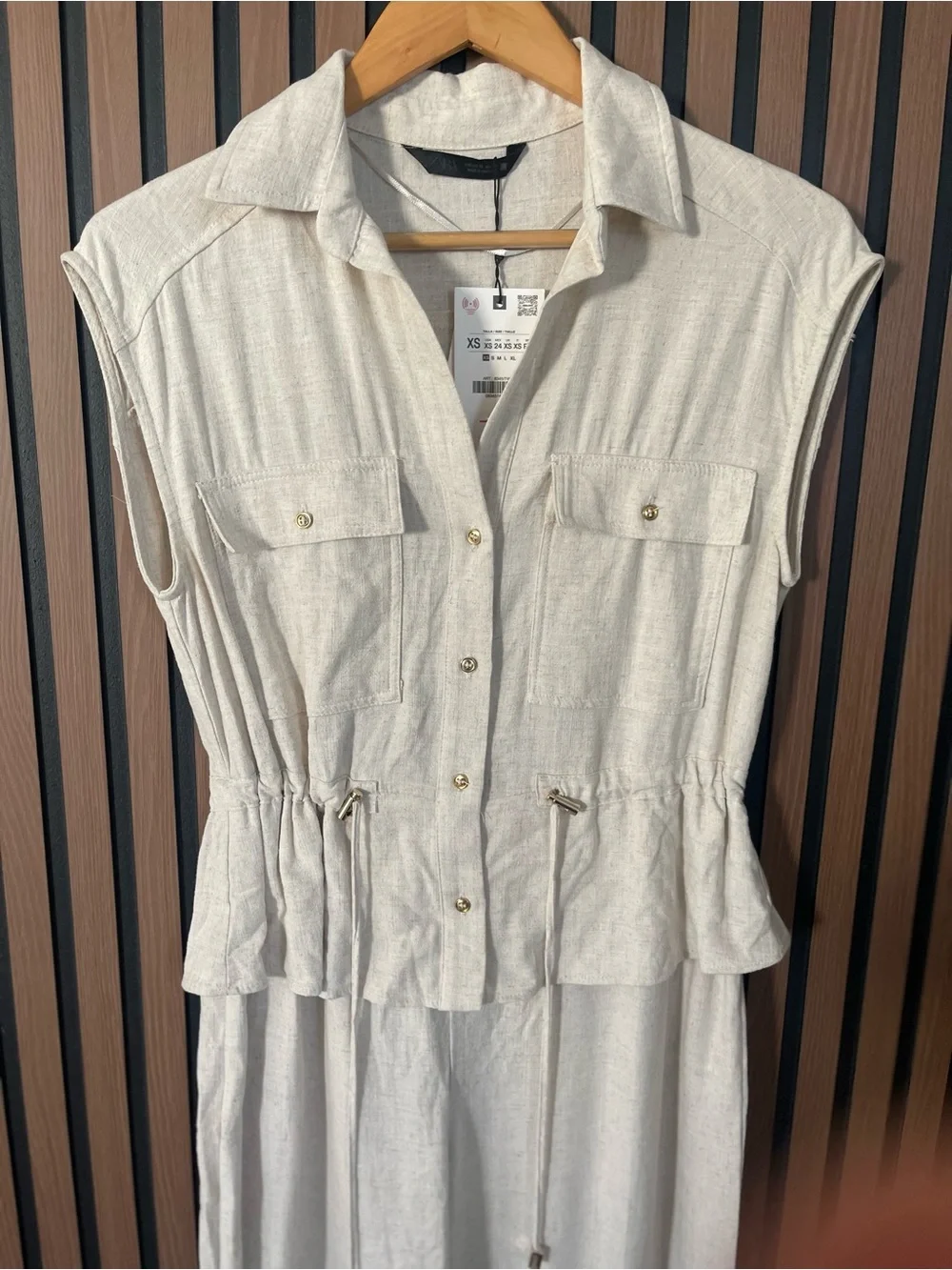 Zara Linen Blend Jumpsuit 2-Piece Look Ecru Oversized Breathable Waist Tie XS